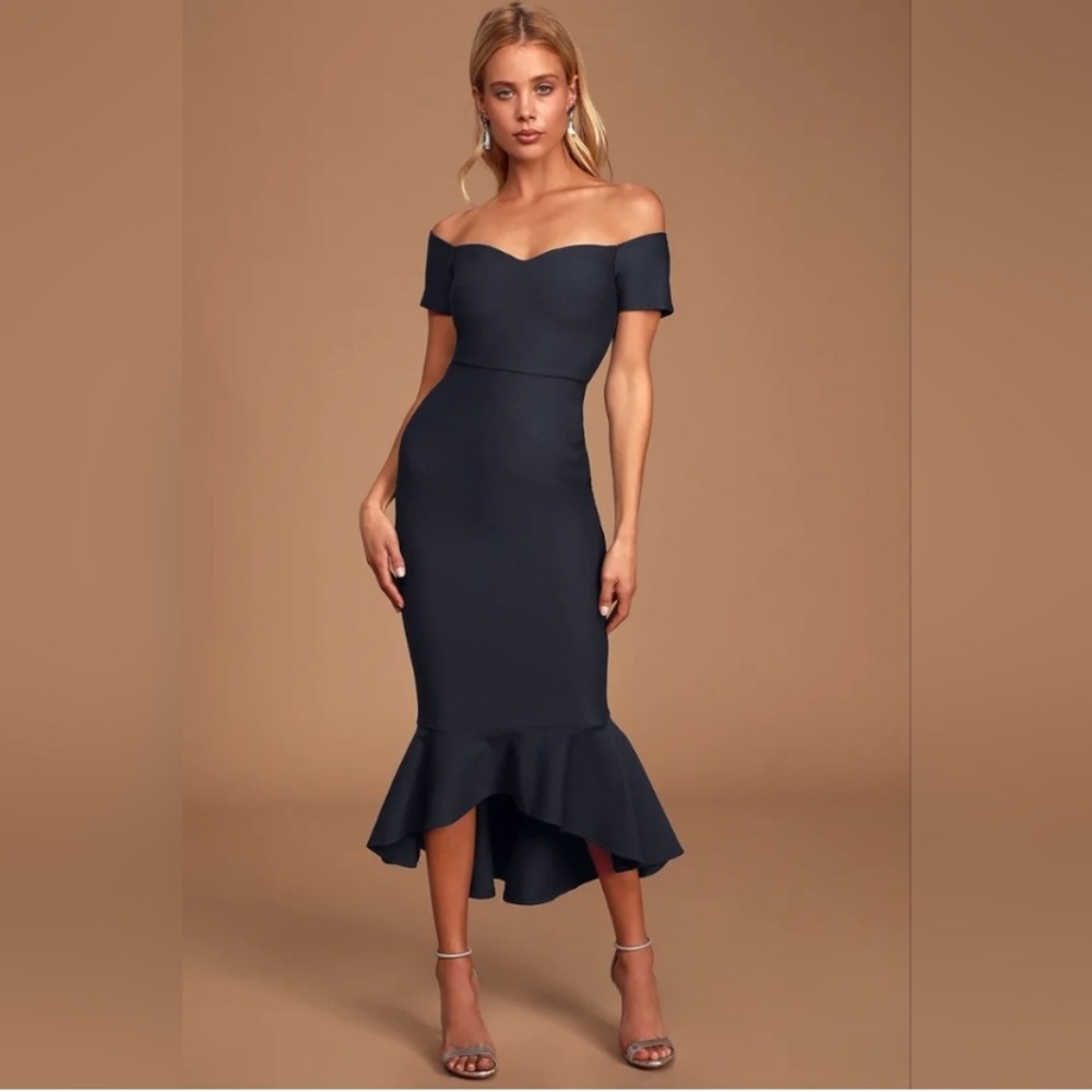 Lulu’s navy blue, how much I care off shoulder midi dress